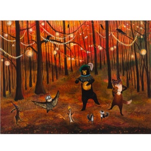 Autumn Splendor Print, Autumn art, woodland nursery decor, Fall, home decor, wall art, animal band, kids playroom art print, by Jahna Vashti