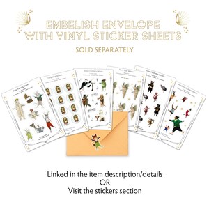 May include: A set of ten illustrated vinyl sticker sheets featuring various animal and nature themes. The sheets are displayed on a brown envelope with a fox sticker on the front. The text "EMBELISH ENVELOPE WITH VINYL STICKER SHEETS SOLD SEPARATELY" is at the top of the image. The text "Linked in the item description/details OR Visit the stickers section" is at the bottom of the image.