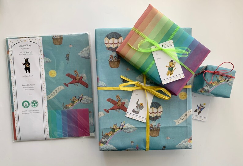 Eco Gift Wrap / 3 large sheets plus matching gift tags / Double Sided / plastic free sleeve / compostable / artwork by Jahna Vashti image 6