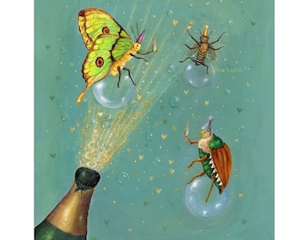 Bit o' Bubbly Print, New Years decor, celebrate, congrats, bugs, insects, party, champagne, bar,  Jahna Vashti