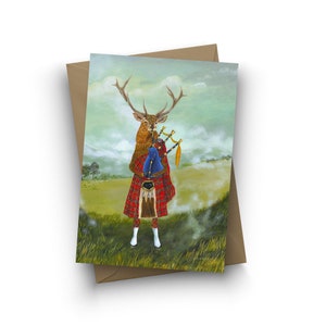 Single Card, Angus of Stagland, Scottish piper, red stag, stag, bagpipes, birthday card, woodland, Scotland, Jahna Vashti