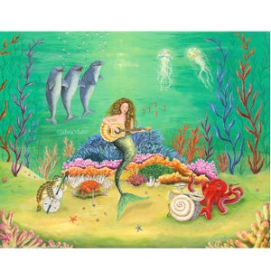 Ocean Song print, mermaid, marine animals, under the sea, beach house decor, nursery decor, dolphins, sea turtle, octopus, jellyfish, crab