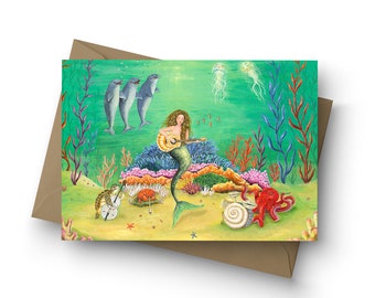 Single Card, Ocean Song, mermaid, ocean, marine life, octopus, dolphin, jellyfish, under the sea, whimsical card, by Jahna Vashti