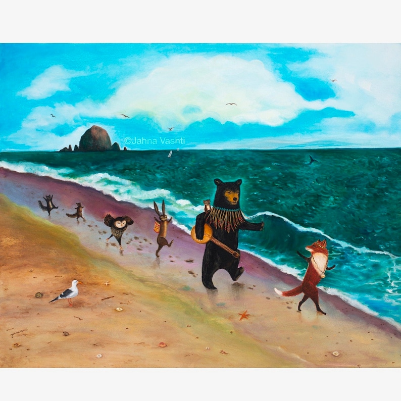 May include: A watercolor painting of a group of animals walking on a sandy beach. The animals include a bear, a fox, a rabbit, an owl, and two squirrels. The bear is carrying a banjo and is leading the group. The animals are walking towards a rocky island in the distance. The sky is blue and the water is turquoise.