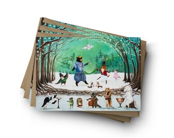 Woodland Animal Christmas Cards Set - Whimsical Winter Orchestra Holiday Cards by Jahna Vashti