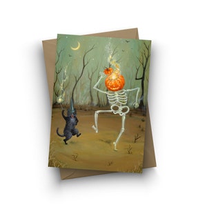 Single card, Spooky Sparkles, Halloween, jack o lantern, black cat, skeleton, pumpkin, whimsical, dancing, happy, fun by Jahna Vashti