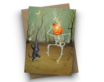 Single card, Spooky Sparkles, Halloween, jack o lantern, black cat, skeleton, pumpkin, whimsical, dancing, happy, fun by Jahna Vashti