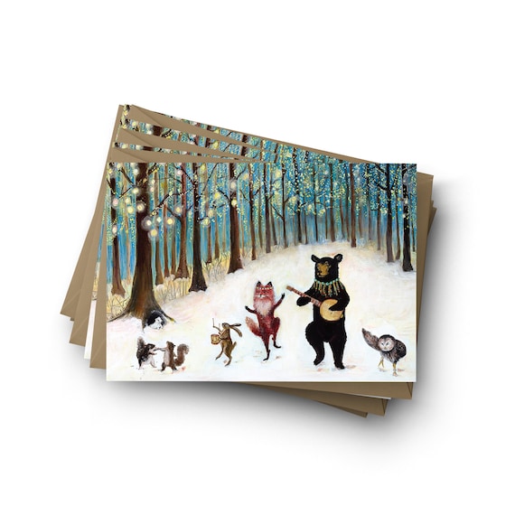Forest Festivities Woodland Christmas Cards Set - Dancing Forest Animals Holiday Cards by Jahna Vashti