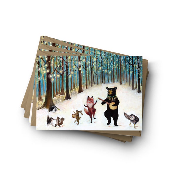 Set di biglietti di Natale a tema "Festività nella foresta" - Biglietti di auguri con animali danzanti nella foresta di Jahna Vashti