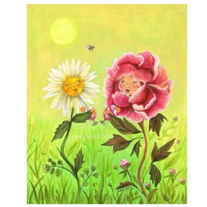 May include: A whimsical painting of a daisy and a pink rose with human-like faces, both enjoying a drink with straws. The flowers are in a field with green grass and a yellow sun in the background.