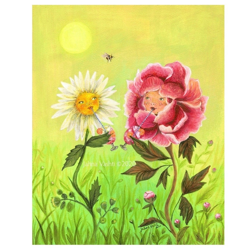May include: A whimsical painting of a daisy and a pink rose with human-like faces, both enjoying a drink with straws. The flowers are in a field with green grass and a yellow sun in the background.