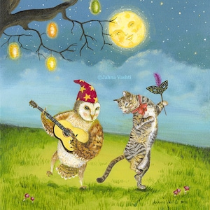 Light of The Moon print, owl & pussycat, dancing, home decor, nursery, wall art, nursery animals, whimsical art, by Jahna Vashti