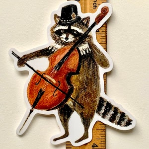 Racoon Vinyl Sticker, die cut raccoon sticker, gift for under 10 dollars, cello, gift for cellist, by Jahna Vashti image 3