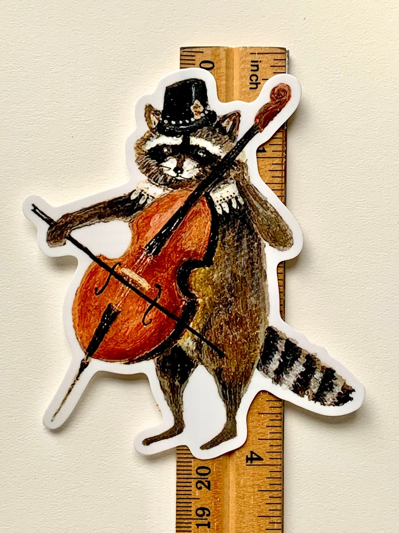 Racoon Vinyl Sticker, die cut raccoon sticker, gift for under 10 dollars, cello, gift for cellist, by Jahna Vashti image 3