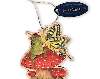 Ornament / Frog & Butterfly/ toadstool / mushroom / wooden ornament / holiday / Christmas/ gift / handmade / woodland/  by Jahna Vashti