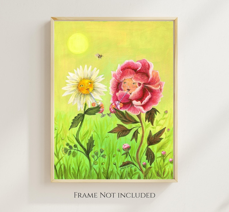 Happy Hour Flowers Art Print, Whimsical Friendship Illustration with Cocktails, by Jahna Vashti image 1