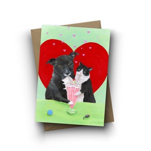 single card, Paws 'n Straws, Valentine, dog, cat, tuxedo, black dog, milkshake, love, anniversary, wedding, by Jahna Vashti