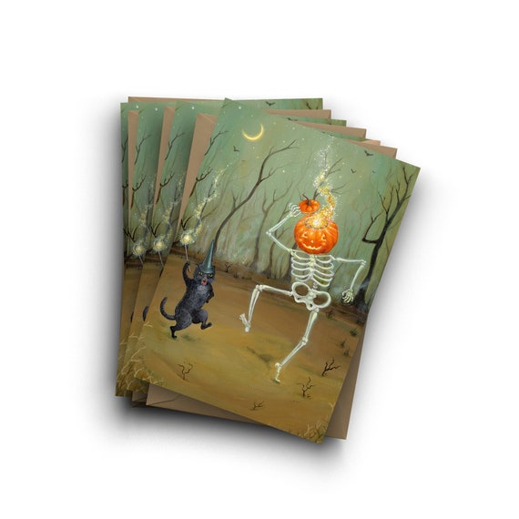 Whimsical Halloween Cards Set - Dancing Skeleton & Black Cat Spooky Cards by Jahna Vashti