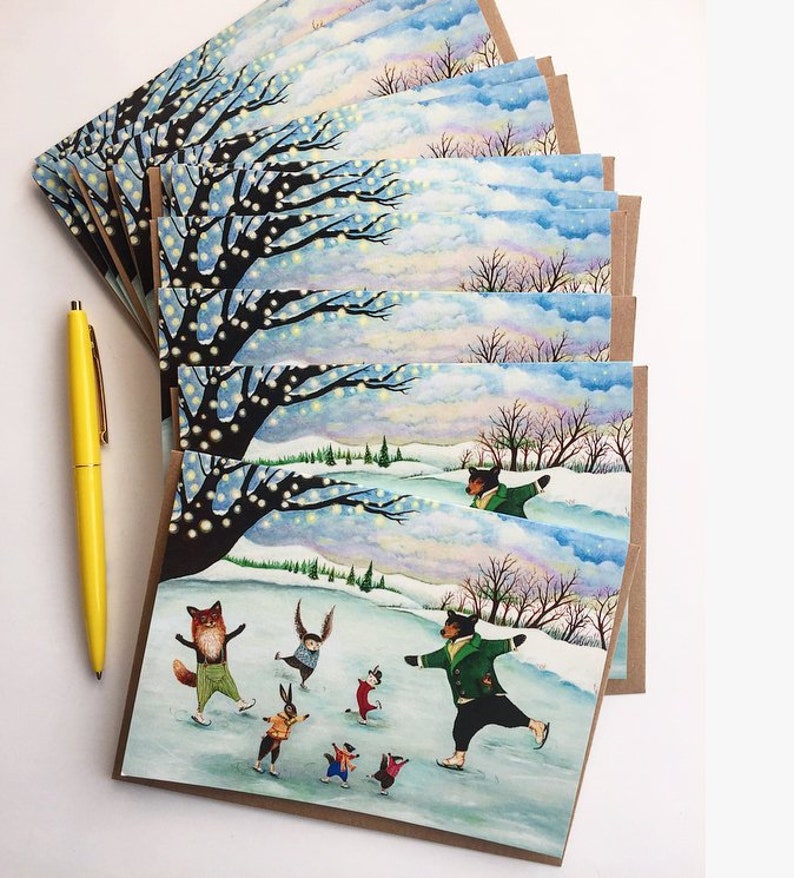 Wondrous Whirl Holiday Card sets, Christmas cards, whimsical winter solstice, woodland Christmas, ice skating, animal card, by Jahna Vashti image 2