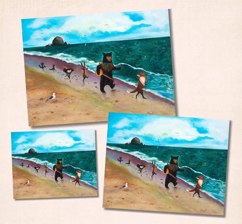 Beach Friends Wall Art, Haystack Rock, Cannon Beach Illustration, Whimsical Storybook Woodland Print, by Jahna Vashti image 3