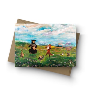 Single Card, Spring Jubilee, animal Band, Spring baby shower, Equinox, birthday card, spring wedding, woodland animals card, by Jahna Vashti