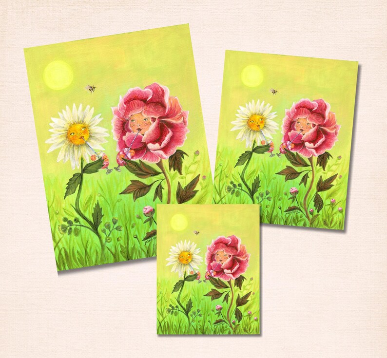 Happy Hour Flowers Art Print, Whimsical Friendship Illustration with Cocktails, by Jahna Vashti image 3