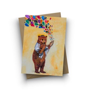 Single Card, B'Simcha Tamid, whimsical Jewish art, Shofar, Judaic card, bear, grizzly, by Jahna Vashti