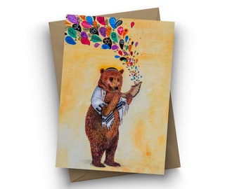 Single Card, B'Simcha Tamid, whimsical Jewish art, Shofar, Judaic card, bear, grizzly, by Jahna Vashti