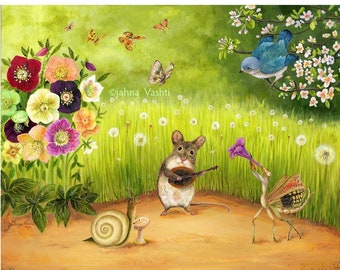 Print, Garden Gig, mouse, flora, fauna, bugs, butterflies, snail, nursery art decor, kids room playroom, spring, wedding,  by Jahna Vashti