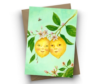 Single Card, Lemon Babies, lemons,  anthropomorphic fruit, lemon tree, birthday, any occasion, by Jahna Vashti