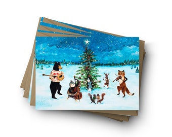 Woodland Dancing Animal Christmas Cards Set - Whimsical Winter Holiday Cards by Jahna Vashti