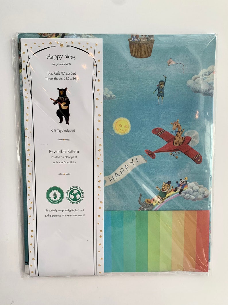 Eco Gift Wrap / 3 large sheets plus matching gift tags / Double Sided / plastic free sleeve / compostable / artwork by Jahna Vashti image 9