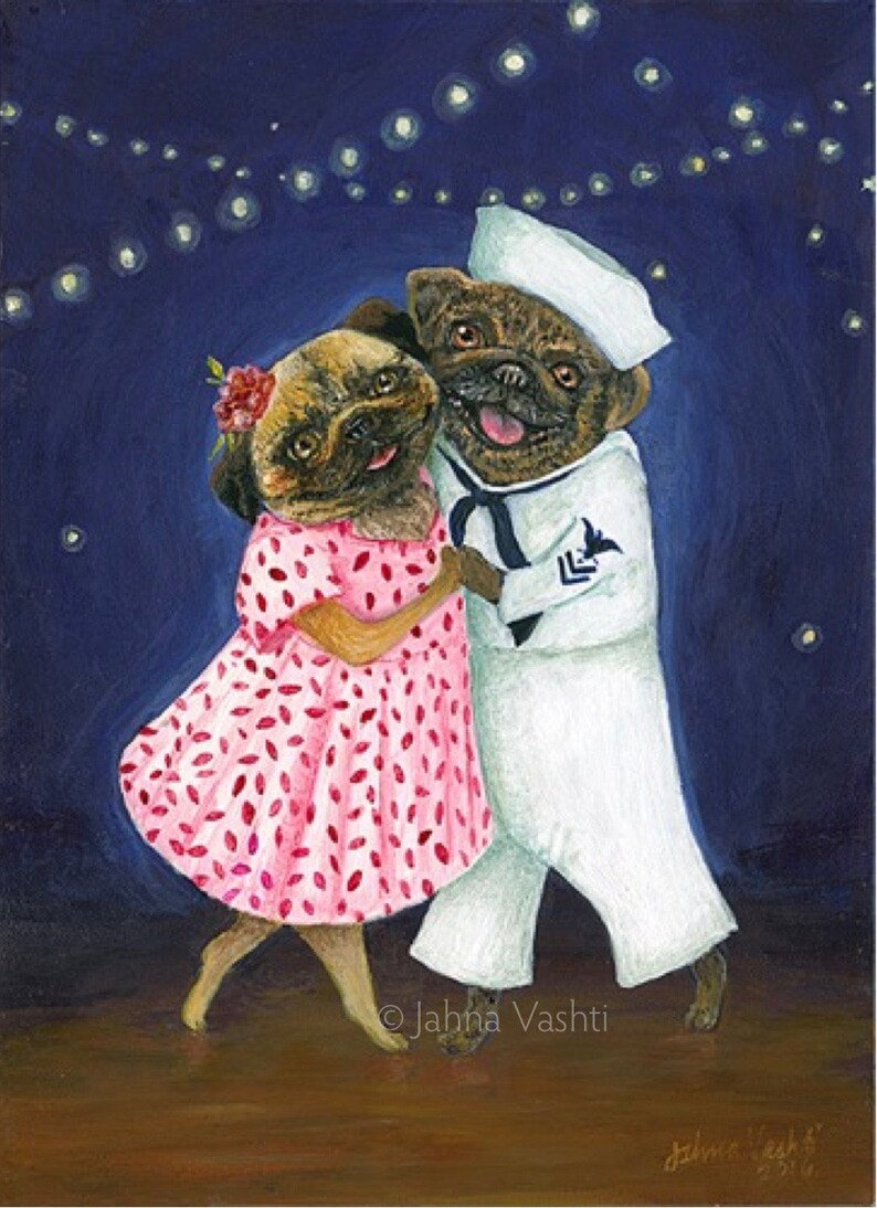 May include: A painting of two pugs dancing under a starry night sky. The pug on the left is wearing a pink dress with red polka dots and a red flower in her hair. The pug on the right is wearing a white sailor uniform with a blue collar and a white sailor hat. The painting is signed "Jahna Vashti" in the bottom right corner.