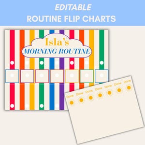Op de afbeelding: Een kleurrijk routine flip chart met verticale strepen in regenboogkleuren. De kaart bevat de tekst "Isla's Morning Routine" in een wolkontwerp. Een apart vel met "Done" en zonillustraties is inbegrepen.