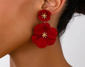 Red Floral Statement Earrings - Elegant Dangle Drop Style