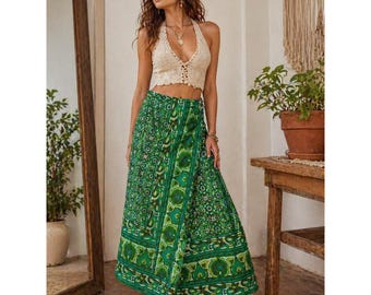 Falda larga vintage verde psicodélica con estampado floral paisley, estilo boho retro, talla 28.