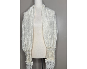 Chal vintage de encaje color marfil con cuentas, flecos de ganchillo floral, estilo boho romántico