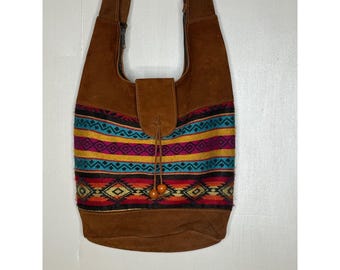 Malky Arte Nativa Brown Suede Woven Boho Crossbody Hobo Bag Geometric Pattern