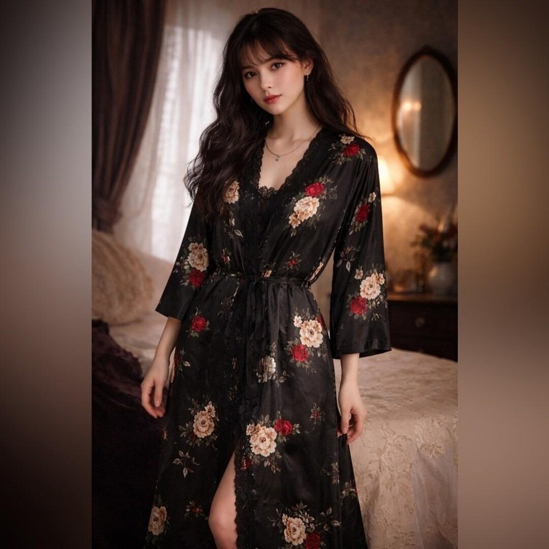 Adonna Terry Robe Vintage Adonna Black Floral Satin Robe Duster Lace Trim Long Robe Large ...