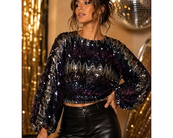 Vintage Miss H Pailletten Perlen Ballon Ärmel Disco Glam Top L