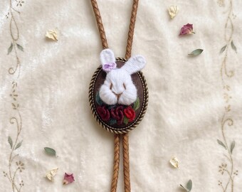 3D Hand Embroidered Rabbit Bolo Tie, Movable Ears Bunny Necktie, Cottagecore Purple Floral Western Tie, Genuine Leather Animal Jewelry