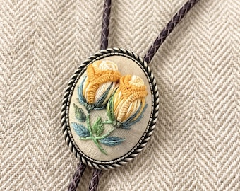 Handmade Embroidered Yellow Rose Western Bolo tie, Bolo for wedding, Anniversary, Gift for him her, Cowboy Accessories, Unisex Bolo Tie