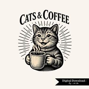 Puede incluir: Ilustración en blanco y negro de un gato sonriente sosteniendo una taza de café. El texto "CATS & COFFEE" está encima del gato. La imagen tiene un estilo vintage, con líneas radiantes detrás de la cabeza del gato.