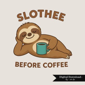 Sloth Coffee PNG, handritat konstverk (digital nedladdning)