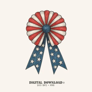 Könnte beinhalten: Eine digital gezeichnete Rosette in Rot, Weiß und Blau, die an die amerikanische Flagge erinnert. Die Rosette hat ein kreisförmiges Design mit roten und weißen Streifen, einem blauen Zentrum und blauen Bändern mit weißen Sternen. Der Text "DIGITAL DOWNLOAD" steht unten.