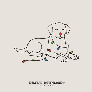 May include: A line drawing of a white dog with a red nose and a string of colourful Christmas lights wrapped around its neck. The dog is smiling and lying down. The words "DIGITAL DOWNLOAD" are at the bottom.