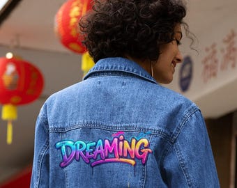 Dreaming graffiti text Denim Jacket | Retro colorful street art back design