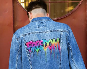 Rainbow Graffiti FREEDOM Denim Jacket | Back Print, Streetwear