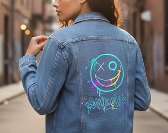 Neon Smiley Face Men's Denim Jacket | Retro Grunge 90s Paint Splatter