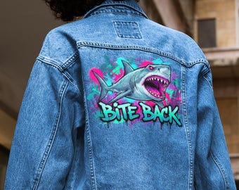 Graffiti Shark Denim Jacket | "Bite Back" Back Print, Streetwear Statement
